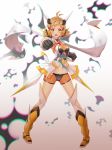  1girl antenna_hair armored_boots black_gloves blonde_hair blush boots breasts breasts_apart clenched_hands full_body gloves groin highres koyaya looking_at_viewer medium_breasts midriff navel open_mouth orange_shorts senki_zesshou_symphogear shiny shiny_hair short_hair short_shorts shorts simple_background solo stomach tachibana_hibiki_(symphogear) twisted_torso white_background yellow_eyes 