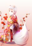  1girl alternate_costume animal_ear_fluff animal_ears bangs floral_print flower fudo_shin gradient gradient_background grin highres japanese_clothes kimono kneeling long_hair looking_at_viewer looking_back myuri_(spice_and_wolf) pink_background print_kimono red_eyes red_flower signature silver_hair sitting smile solo spice_and_wolf tail very_long_hair white_background wolf_ears wolf_tail 