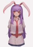  1girl animal_ears arms_behind_back bangs blush bunny_ears bunny_girl closed_mouth collared_shirt djjj5322 eyebrows long_hair looking_at_viewer necktie puffy_short_sleeves puffy_sleeves purple_hair red_eyes red_neckwear reisen_udongein_inaba shirt short_sleeves sidelocks smile solo swept_bangs touhou very_long_hair white_shirt 