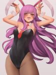  1girl alternate_costume animal_ears arms_up bangs blush breasts brown_legwear bunny_ears bunny_girl bunny_pose bunnysuit djjj5322 eyebrows fang long_hair looking_at_viewer necktie open_mouth pantyhose purple_hair red_eyes red_neckwear reisen_udongein_inaba small_breasts smile solo swept_bangs tongue tongue_out touhou very_long_hair wrist_cuffs 