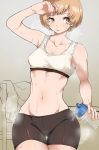  1girl alternate_costume arm_up bangs bike_shorts blush bottle bra breasts brown_eyes grey_background highres holding kurosususu light_brown_hair persona persona_4 satonaka_chie short_hair simple_background solo steam stomach sweat sweating_profusely toned training_bra underwear water_bottle 