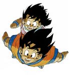  2boys arms_at_sides backlighting black_eyes black_hair carrying clenched_hand close-up commentary dark_skin dark_skinned_male dougi dragon_ball dragon_ball_z face father_and_son fingernails flying full_body grin happy highres looking_afar male_focus messy_hair multiple_boys muscle official_art open_mouth outstretched_hand piggyback shaded_face simple_background sitting smile son_gohan son_gokuu teeth toriyama_akira white_background wristband 