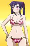  1girl 2015 annoyed bare_arms bare_shoulders bikini blush breasts cleavage ebisuzawa_kurumi eyebrows_visible_through_hair female gakkou_gurashi! hair_ornament hair_ribbon hand_on_hip long_hair lovely_bikini open_mouth purple_eyes purple_hair raised_eyebrows red_bikini red_swimsuit ribbon signature simple_background solo swimsuit twintails very_long_hair yellow_background 