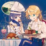  2boys :q amputee androgynous blonde_hair blue_eyes boned_meat chef_hat chicken_(food) eating feeding food fork hat heterochromia holding holding_fork long_hair male_focus meat missing_limb multiple_boys nishihara_isao original plate purple_eyes purple_hair quadruple_amputee short_hair sitting steak tongue tongue_out yellow_eyes 