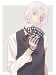  13isaco 1boy allen_walker card d.gray-man facial_mark grey_background grin hair_between_eyes hair_intakes head_tilt highres holding holding_card long_sleeves looking_at_viewer male_focus neck_ribbon purple_eyes red_ribbon ribbon shirt silver_hair smile solo striped striped_ribbon two-tone_background upper_body vest white_background white_shirt 