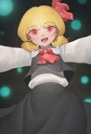  1girl bangs blonde_hair blush djjj5322 eyebrows_visible_through_hair fang long_sleeves looking_at_viewer open_mouth outstretched_arms red_eyes rumia short_hair smile solo swept_bangs touhou 