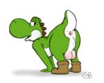  anus balls bent_over butt clothing dinosaur footwear footwear_only genitals goatboner_(artist) green_yoshi looking_back male mario_bros mostly_nude nintendo open_mouth perineum presenting presenting_anus presenting_hindquarters reptile scalie signature simple_background solo video_games yoshi yoshi_(character) 