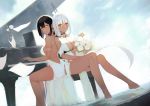  2girls absurdres armlet azur_lane backless_dress backless_outfit bangs bare_shoulders black_hair blue_sky blush bouquet breasts brown_eyes cleavage closed_mouth cloud cloudy_sky commentary dark_skin day dress earrings facial_mark flower forehead_mark full_body highres huge_filesize instrument jewelry long_hair looking_back massachusetts_(azur_lane) medium_breasts multiple_girls natsumoka outdoors partially_submerged piano piano_bench short_hair silver_hair simple_background sitting sky smile south_dakota_(azur_lane) thighs water white_dress 
