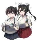 2girls blue_hakama brown_eyes brown_hair eyebrows_visible_through_hair food green_eyes green_hair hair_between_eyes hair_ribbon hakama hakama_skirt highres holding holding_food ice_cream japanese_clothes kaga_(kantai_collection) kantai_collection long_hair ma_rukan multiple_girls open_mouth red_hakama ribbon side_ponytail signature simple_background smile sparkle tasuki twintails white_background white_ribbon zuikaku_(kantai_collection) 