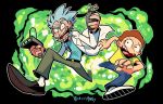  2boys belt blue_shirt brown_hair copyright_name flying_sweatdrops grey_hair highres holding labcoat male_focus morty_smith multiple_boys open_mouth pants rariatto_(ganguri) rick_and_morty rick_sanchez shirt sweat twitter_username yellow_shirt 