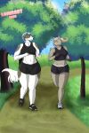  2:3 absurd_res anthro athletic bobcat borzoi bra breasts canid canine canis clothing commission_art detailed_background domestic_cat domestic_dog duo felid feline felis female fitness hi_res hunting_dog jogging lumieart lynx mammal outside overweight park running sighthound slightly_chubby slim sports_bra track_shorts underwear weight_gain 