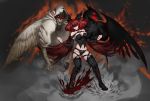  1girl asymmetrical_wings belt black_footwear black_panties black_ribbon blindfold blood boots breasts choker detached_sleeves dizzy_(guilty_gear) eddie_(guilty_gear) fusion glowing glowing_eyes guilty_gear large_breasts long_hair monster_girl navel necro_(guilty_gear) panties red_eyes red_hair ribbon salamanshe skull solo thick_thighs thigh_strap thighhighs thighs twintails underwear wings 