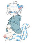  2019 anthro balls belly blush bodily_fluids clothed clothing clothing_lift erection foreskin genital_fluids genitals hi_res hoodie humanoid_genitalia humanoid_penis kemono male navel pants_down partially_clothed penis precum ra_tenpu shy simple_background slightly_chubby solo standing sweat sweatdrop topwear white_background young 