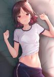  1girl alternate_costume bangs bed_sheet blue_shorts blush breasts brown_hair collarbone commentary cowboy_shot embarrassed english_commentary eyebrows_visible_through_hair folded_ponytail gym_uniform hair_between_eyes hair_ribbon highres kaguya-sama_wa_kokurasetai_~tensai-tachi_no_renai_zunousen~ looking_at_viewer lying marinesnow medium_breasts navel nose_blush on_back on_bed panties panty_peek parted_bangs parted_lips pink_panties red_eyes red_ribbon ribbon shinomiya_kaguya shirt short_hair short_sleeves shorts sidelocks solo stomach underwear white_shirt 