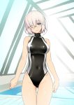  1girl bangs bare_shoulders black_swimsuit breasts closed_mouth covered_navel fate/grand_order fate_(series) glasses hair_over_one_eye highleg highleg_swimsuit large_breasts lavender_hair looking_at_viewer mash_kyrielight namonashi one-piece_swimsuit purple_eyes short_hair smile swimsuit thighs 