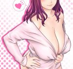  1girl bare_shoulders breasts cleavage closed_mouth collarbone commentary_request covered_nipples hand_on_hip head_out_of_frame heart highres large_breasts long_hair long_sleeves mole mole_on_breast original patterned_background pink_lips pink_shirt purple_hair shirt shirt_pull shoumaru_(gadget_box) smile 