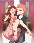  2girls ahoge amanda_o&#039;neill arikindows10 bangle bare_legs bare_shoulders black_jacket black_pants blurry blush bow bracelet brown_eyes brown_hair carrying crossdressing curtains depth_of_field dress formal green_eyes hair_bow hanna_england high_heels jacket jewelry legs little_witch_academia long_hair multicolored_hair multiple_girls necklace one_eye_closed open_mouth orange_hair pants parted_hair pendant pink_dress pink_footwear princess_carry sash shirt short_hair sidelocks smile sparkle strappy_heels suit surprised sweatdrop thick_eyebrows thighs two-tone_hair wavy_hair wavy_mouth white_shirt wide-eyed window yellow_bow yellow_sash 