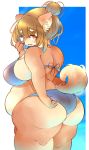  absurd_res alternate_version_at_source anthro belly big_breasts big_butt bikini blush breasts butt canid canine canis clothing domestic_dog female hi_res kemono looking_back mammal overweight overweight_anthro overweight_female potyakitune3 shiba_inu side_belly simple_background solo spitz swimwear 