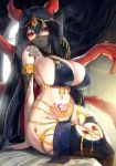  1girl absurdres armlet bangs bare_shoulders black_hair breasts circlet cleavage curtains hair_between_eyes highres horns huge_breasts long_hair mask navel open_mouth original poharo red_eyes sitting thick_thighs thighhighs thighs veil window wombat 