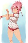  1girl absurdres akamine_yuuna buruma commentary_request gym_shirt gym_uniform hairband highres medium_hair michairu pink_hair red_buruma red_eyes red_hairband shirt short_hair short_shorts short_sleeves shorts simple_background solo thighs wristband yuuki_yuuna_wa_yuusha_de_aru:_hanayui_no_kirameki yuusha_de_aru 