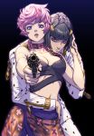  1boy 1girl aiming_at_viewer black_background black_hair blue_eyes bob_cut bruno_buccellati choker gun hair_ornament hairclip handgun highres holding holding_weapon hug hug_from_behind jojo_no_kimyou_na_bouken lips looking_at_viewer midriff mobo parted_lips pink_hair purple_eyes short_hair skirt trish_una vento_aureo weapon zipper 