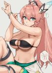  1girl ? ahoge aqua_eyes arrow_(symbol) bikini black_bikini blush bracelet braid breasts cleavage cleavage_cutout closed_mouth commentary dragalia_lost eyebrows_visible_through_hair eyelashes grey_background hair_between_eyes hair_ornament haoni highres jewelry large_breasts long_hair looking_at_viewer louise_(dragalia_lost) midriff navel pink_hair ponytail sarong side_braid simple_background sitting solo speech_bubble spoken_question_mark straight_hair sweatdrop swimsuit thigh_strap thighs underboob 