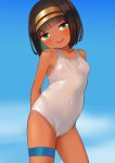  1girl :d arms_behind_back bangs bare_shoulders black_hair blue_sky blunt_bangs blush breasts brown_hairband casual_one-piece_swimsuit cloud commentary_request covered_navel covered_nipples dark_skin day eyebrows_visible_through_hair green_eyes hairband head_tilt highres one-piece_swimsuit open_mouth original outdoors sky small_breasts smile solo standing swimsuit thigh_strap toy_box-r upper_teeth white_swimsuit 