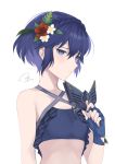  1girl absurdres akina_(akn_646) blue_eyes blue_gloves blue_hair closed_mouth criss-cross_halter fingerless_gloves fire_emblem fire_emblem_awakening fire_emblem_heroes flower gloves hair_flower hair_ornament halterneck highres holding holding_mask lucina_(fire_emblem) marth_(fire_emblem_awakening) mask see-through short_hair simple_background solo swimsuit upper_body white_background 