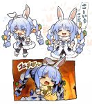  1girl :d =_= animal_ear_fluff animal_ears bangs bare_shoulders black_gloves black_legwear black_leotard blue_hair blush bow braid breasts bunny_ears carrot_hair_ornament closed_eyes commentary_request crying crying_with_eyes_open detached_sleeves dress eyebrows_visible_through_hair flying_sweatdrops food_themed_hair_ornament fur-trimmed_dress fur-trimmed_gloves fur_trim gloves hair_between_eyes hair_bow hair_ornament hands_on_hips holding hololive itsuki_tasuku leotard lighter multicolored_hair multiple_views open_mouth pantyhose puffy_short_sleeves puffy_sleeves short_eyebrows short_sleeves small_breasts smile strapless strapless_dress strapless_leotard tears thick_eyebrows translation_request trembling twin_braids twintails two-tone_hair usada_pekora v-shaped_eyebrows virtual_youtuber white_bow white_dress white_footwear white_hair white_sleeves 