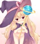  1girl bangs between_breasts between_legs blonde_hair blush breasts brown_background cape commentary_request eyebrows_visible_through_hair gradient gradient_background groin hair_between_eyes hat highres leaning_forward little_witch_nobeta long_hair looking_at_viewer naked_cape navel nipples nobeta nose_blush orb parted_lips purple_cape purple_headwear red_eyes shizukawashi_sumi small_breasts solo staff very_long_hair white_background witch witch_hat 