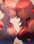  2girls asymmetrical_hair breast_contest breasts choker cinderella_(sinoalice) cleavage confrontation dark_skin face-to-face faceoff hair_over_one_eye koyorin lavender_hair medium_breasts multiple_girls purple_eyes shrug_(clothing) silver_eyes silver_hair sinoalice snow_white_(sinoalice) spaghetti_strap 