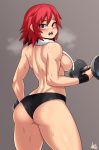  1girl ass back black_shorts blush boku_no_hero_academia breasts dumbbell exercise flat_ass genderswap genderswap_(mtf) heavy_breathing highres jmg kirishima_eijirou large_breasts looking_back red_eyes red_hair sharp_teeth short_hair short_shorts shorts sideboob solo sweat teeth thick_thighs thighs toned topless towel towel_around_neck weightlifting wristband 