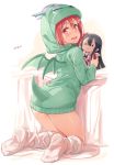  1girl absurdres animal_hood bed character_doll commentary_request dragon_tail dragon_wings fake_tail flower from_behind green_hoodie hair_flower hair_ornament hairclip highres hood kneehighs koori_chikage long_sleeves looking_at_viewer looking_back michairu nogi_wakaba_wa_yuusha_de_aru red_eyes red_hair short_sleeves tail takashima_yuuna thighs white_background white_legwear wings yuusha_de_aru 