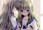  2girls bangs black_ribbon blue_bra blue_sailor_collar blush bow bow_bra bra breasts cleavage closed_mouth collarbone commentary_request eyebrows_visible_through_hair green_eyes green_hair grey_hair hair_between_eyes long_hair multiple_girls nanase_nao neck_ribbon nose_blush open_clothes open_shirt original plaid plaid_bra profile purple_eyes ribbon sailor_collar school_uniform serafuku shirt short_sleeves small_breasts smile underwear undressing upper_body very_long_hair white_shirt yuri 