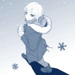  1girl anastasia_(idolmaster) blue_theme boots from_above from_side full_body highres holding hood hoodie hot_drink idolmaster idolmaster_cinderella_girls looking_at_viewer looking_up monochrome pantyhose short_hair simple_background smile snow snowflakes snowing solo steam sweater tocky walking 