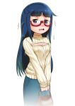  1girl bag bangs blue_eyes blue_hair blunt_bangs burakku-ra denim denim_skirt denki-gai_no_hon&#039;ya-san handbag jimiko long_hair looking_at_viewer meme_attire open-chest_sweater red-framed_eyewear ribbed_sweater semi-rimless_eyewear sensei_(denki-gai) simple_background skirt solo sweater trembling under-rim_eyewear wavy_mouth white_background 