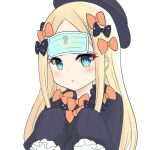  1girl abigail_williams_(fate/grand_order) bangs black_bow black_dress black_headwear blonde_hair blue_eyes blush bow breasts dress fate/grand_order fate_(series) forehead hair_bow hat keyhole long_hair mask mask_on_head mouth_mask multiple_bows open_mouth orange_bow parted_bangs polka_dot polka_dot_bow ribbed_dress shimokirin simple_background sleeves_past_fingers sleeves_past_wrists small_breasts surgical_mask white_background 