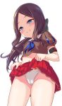  1girl bangs black_bow blue_eyes blue_neckwear blush bow breasts brown_hair brown_shirt closed_mouth crop_top fate/grand_order fate_(series) forehead hair_bow leonardo_da_vinci_(fate/grand_order) leonardo_da_vinci_(rider)_(fate) long_hair looking_at_viewer navel neckerchief panties parted_bangs ponytail puff_and_slash_sleeves puffy_short_sleeves puffy_sleeves red_skirt sailor_collar shimokirin shirt short_sleeves simple_background skirt skirt_lift small_breasts smile thighs underwear white_background white_panties 