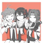  3girls absurdres ahoge arm_over_shoulder bangs bow colorized double-breasted double_bun fingerless_gloves flat_chest forehead_protector gloves hachimaki hair_between_eyes hair_bow hair_ornament hair_scrunchie headband highres jintsuu_(kantai_collection) kantai_collection long_hair looking_at_viewer multiple_girls naka_(kantai_collection) neckerchief open_mouth parted_bangs puffy_short_sleeves puffy_sleeves remodel_(kantai_collection) ribbon sailor_collar scarf school_uniform scrunchie sendai_(kantai_collection) serafuku short_hair short_sleeves smile tocky two_side_up v wristband 