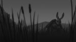  16:9 2020 ambiguous_gender anthro backpack clothed clothing detailed_background fully_clothed fur grass greyscale ipoke lagomorph leporid low-angle_view mammal monochrome mountain outside rabbit sky solo tree widescreen 