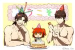 1girl 2boys arm_support bangs birthday_cake blowing brown_hair cake chibi cross eyebrows_visible_through_hair fate/grand_order fate/stay_night fate/zero fate_(series) food fujimaru_ritsuka_(female) hair_between_eyes hat kaikodou_kana kotomine_kirei medium_hair multiple_boys muscle open_mouth orange_hair parted_bangs party_hat party_popper plate side_ponytail time_paradox topless yellow_eyes 