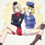  2girls amazuki_jou bangs bc_freedom_(emblem) bc_freedom_military_uniform black_footwear black_headwear black_jacket black_legwear blonde_hair blue_eyes blue_headwear blue_jacket blue_vest boots closed_mouth commentary crossed_arms crossed_legs dress_shirt emblem eyebrows_visible_through_hair floral_background flower garrison_cap girls_und_panzer hand_in_hair hat high_collar insignia invisible_chair itsumi_erika jacket kepi knee_boots kuromorimine_military_uniform light_frown long_sleeves looking_at_viewer medium_hair messy_hair military military_hat military_uniform miniskirt multiple_girls oshida_(girls_und_panzer) pleated_skirt red_shirt red_skirt shirt side-by-side silver_hair sitting skirt socks uniform vest white_shirt white_skirt wing_collar yellow_flower 