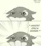  2019 angry_noises anthro black_body cetacean delphinoid dialogue dialogue_box fan_character fangs female hi_res humor mammal marine meme molin multicolored_body oceanic_dolphin open_mouth orca simple_background solo toothed_whale two_tone_body vipery-07 white_background white_body 