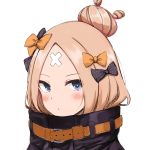  000kk 1girl abigail_williams_(fate/grand_order) bandaid bandaid_on_forehead bangs black_bow black_jacket blonde_hair blue_eyes blush bow breasts crossed_bandaids fate/grand_order fate_(series) forehead hair_bow hair_bun heroic_spirit_traveling_outfit high_collar jacket long_hair long_sleeves looking_at_viewer multiple_bows orange_belt orange_bow parted_bangs polka_dot polka_dot_bow simple_background small_breasts white_background 