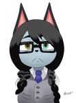  animal_crossing black_hair blue_body blue_skin braided_hair brown_eyes bust_portrait clothing domestic_cat eyewear felid feline felis glasses green_eyes hair hair_between_eyes heterochromia hi_res looking_at_viewer mammal necktie nezulet nintendo pockets portrait raymond_(animal_crossing) shirt signature simple_background solo topwear video_games white_background white_clothing white_shirt white_topwear 