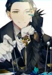  2boys absurdres albino_(a1b1n0623) bangs black_gloves black_hair bow bowtie closed_eyes cloth facial_hair fate/grand_order fate_(series) formal gloves green_eyes hair_slicked_back high_collar highres holding huge_filesize james_moriarty_(fate/grand_order) long_sleeves male_focus miniboy multiple_boys mustache parted_bangs pins sherlock_holmes_(fate/grand_order) shiny shiny_hair smile sparkle staff upper_body white_background white_gloves 