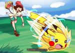  1girl absurdres bag bare_legs beanie blue_sky brown_hair catastropika_(pokemon) closed_eyes cloud cloudy_sky commentary deviantart_username english_commentary gen_1_pokemon grass green_shorts harlequinwaffles hat highres leg_up mixed-language_commentary mizuki_(pokemon) open_mouth outdoors pikachu pokemon pokemon_(creature) pokemon_(game) pokemon_sm red_footwear red_headwear shirt shoes short_hair short_shorts short_sleeves shorts shoulder_bag sky smile sneakers spanish_commentary sparkle speed_lines standing standing_on_one_leg tears throwing tied_shirt upper_teeth watermark web_address yellow_shirt z-move z-ring |d 