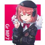  1girl anaglyph bangs beret blunt_bangs candy eyebrows_visible_through_hair food fur_trim girls_frontline hat headphones highres hood jacket kuro_kosyou lollipop looking_to_the_side loose_clothes mp7_(girls_frontline) nail_polish red_hair short_hair side_ponytail smug solo yellow_eyes 