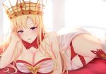  1girl bangs bare_shoulders blonde_hair blush breasts chiyo_(pk19981234) cleavage collar collarbone crown dress europa_(fate/grand_order) fate/grand_order fate_(series) large_breasts long_hair looking_at_viewer lying on_side open_mouth panties purple_eyes red_collar red_panties smile thighs underwear very_long_hair white_dress 
