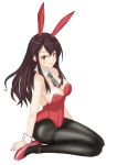  1girl absurdres adapted_costume akagi_(kantai_collection) alternate_costume animal_ears black_hair black_legwear brown_eyes bunny_ears bunny_tail bunnysuit commentary_request detached_collar fishnet_legwear fishnets full_body grey_neckwear highres kantai_collection leotard long_hair looking_at_viewer necktie nitamago_(sakamalh) pantyhose red_leotard simple_background sitting solo straight_hair strapless strapless_leotard tail thighband_pantyhose wariza white_background wrist_cuffs 